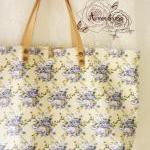 Floral Tote Bag Printed Canvas Bag Genuine Leather Strap Cream with Lavender Floral Shabby Chic Bag ...Amor The Inspired Collection...