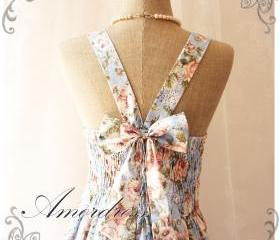 Floral Summer Dress Sweetest Spell Vintage Inspired Open Back Dress Blue Floral Charm Dress Party Prom Wedding Dress -Size S-