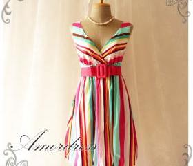 Rainbow Bright- Colorful Summer Dress Stripe Dress Party Popping Tea Dress Party Event Everyday Dress Pumpkin Hem -S-M-