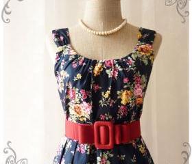 Blooming - Exotic Floral Dress Navy Dress with Yellow Pink Floral Summer Perfection Tea Dress Party Garden Wedding Cocktail Dress -S-M-