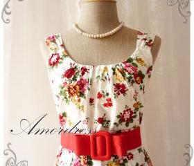 Blooming - Exotic Floral Dress White Dress with Red Floral Summer Perfection Tea Dress Party Garden Wedding Cocktail Dress -S-M-