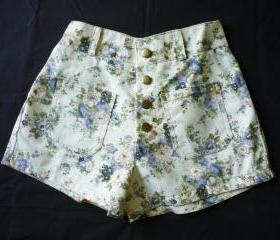 High Waist Shorts Floral Shorts Cream with Blue Floral Inspired Shabby Chic Shorts - -Size S-M- 12'SHORT LENGTH