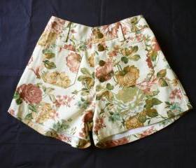 High Waist Shorts Floral Shorts Cream Brown with Brown Nude Brown Pink Floral Inspired Shabby Chic Shorts - -Size S-M- 12'SHORT LENGTH