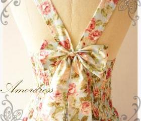 Floral Summer Dress Sweetest Spell Vintage Inspired Open Back Dress Pale Pink Rose Powder Blue Dress Party Prom Wedding Dress -Size S-