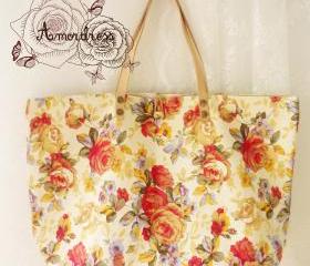 Floral Tote Bag Printed Canvas Bag Genuine Leather Strap Cream Tangerine Floral Garden Shabby Chic Bag ...Amor The Inspired Collection...