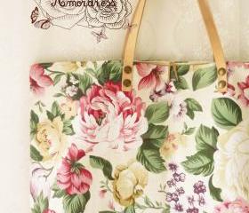 Floral Tote Bag Printed Canvas Bag Genuine Leather Strap White Cream with Floral Garden Shabby Chic Bag ...Amor The Inspired Collection...