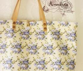 Floral Tote Bag Printed Canvas Bag Genuine Leather Strap Cream with Lavender Floral Shabby Chic Bag ...Amor The Inspired Collection...