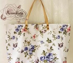 Floral Tote Bag Printed Canvas Bag Genuine Leather Strap White Blue Rose Floral Garden Shabby Chic Bag ...Amor The Inspired Collection...