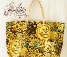 The Safari World Tiger Lion Tote Bag Printed Canvas Bag Genuine Leather Strap Retro Bag ...Amor The Inspired Collection...