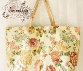 Floral Tote Bag Printed Canvas Bag Genuine Leather Strap Cream with Autumn Rose Shabby Chic Bag ...Amor The Inspired Collection...