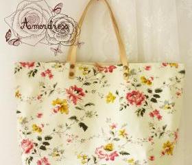 Floral Tote Bag Printed Canvas Bag Genuine Leather Strap Light Khaki with Spring Floral Shabby Chic Bag ...Amor The Inspired Collection...