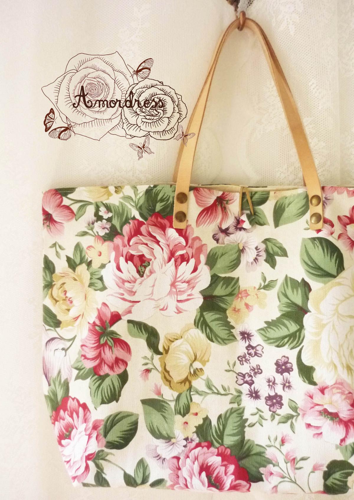 Floral Tote Bag Printed Canvas Bag Genuine Leather Strap White Cream With Floral Garden Shabby ...
