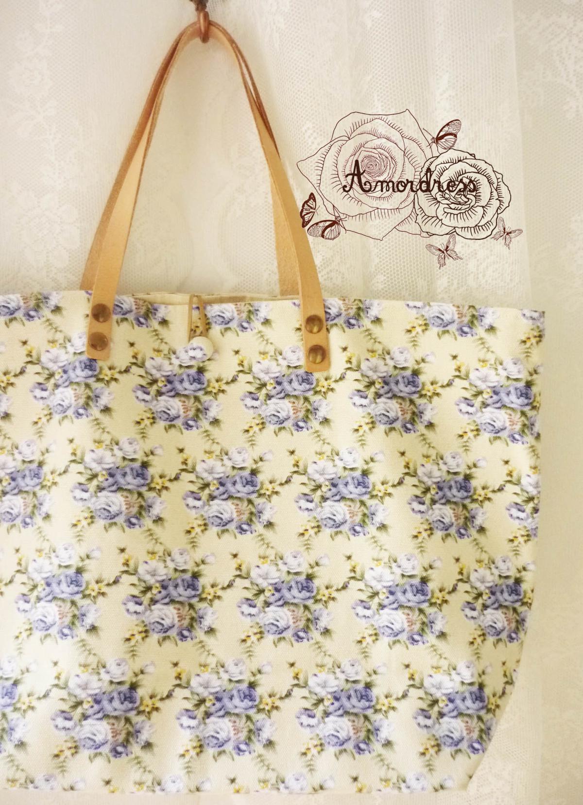 Floral Tote Bag Printed Canvas Bag Genuine Leather Strap Cream with ...