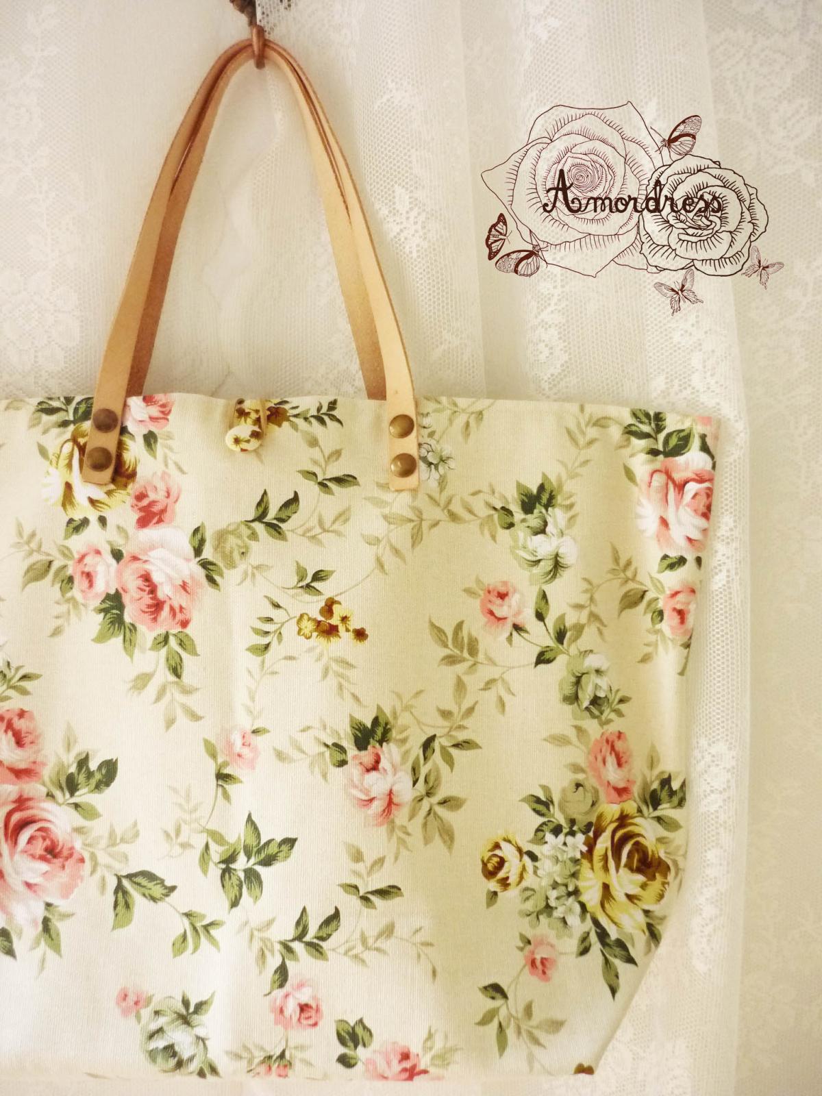 Floral Tote Bag Printed Canvas Bag Genuine Leather Strap Light Khaki With Pink Rose Shabby Chic ...