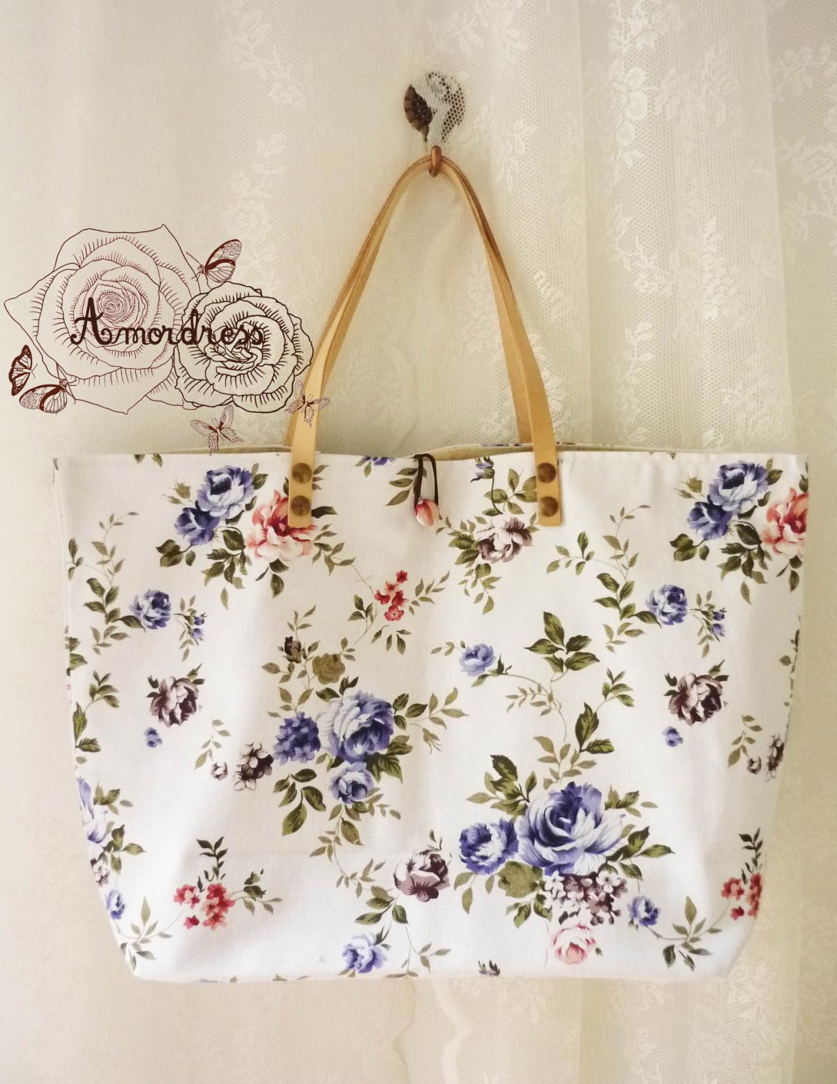 Floral Tote Bag Printed Canvas Bag Genuine Leather Strap White Blue